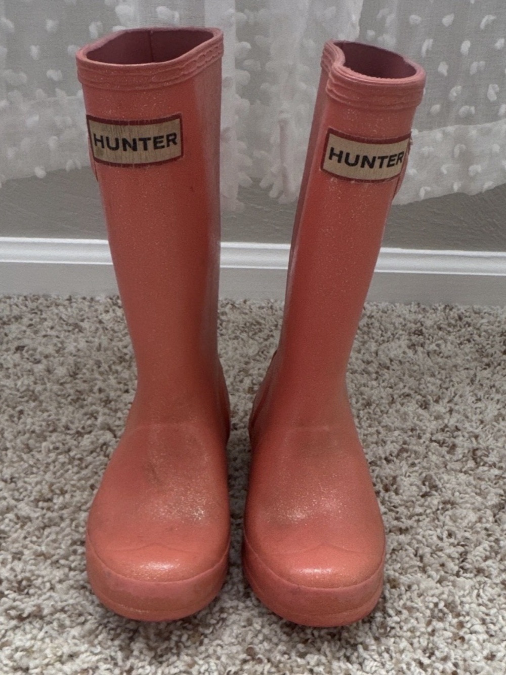 Hunter Girls Pink Coral Glitter Waterproof Rain Boots Buckle Size 12 Well Loved